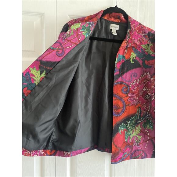 Chicos 2 Womens Large Silk Blend Pink Colorful Art to Wear Asian Inspired Jacket - Picture 5 of 7
